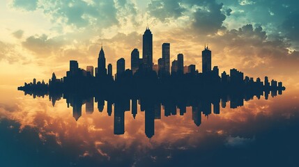 Cityscape Silhouette with Reflected Skyline at Sunset or Sunrise