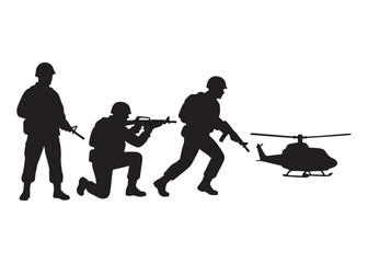military logo silhouette vector, army soldiers with rifle silhouette vector, silhouette military men stood with short guns, soldier army logo silhouettes vector on a white background
