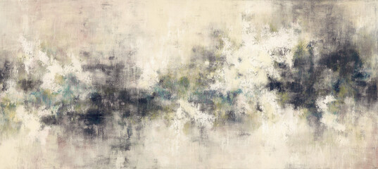 Soft neutral abstract painting with textured brushstrokes and cloudy atmosphere, blending muted tones of cream, gray, green and blue in a serene composition.