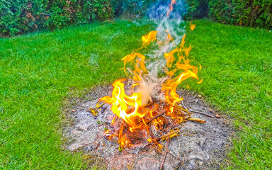 Campfire and smoke in the garden in Brest Belarus.