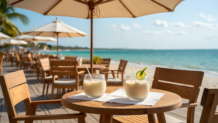 Two tropical drinks sit on a table at a beachside resort under umbrellas