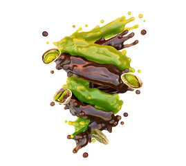 Dubai chocolate splash with fudgy pistachio cream, crunchy kataifi, on white background. Confectionery branding, snack packaging, sweet food advertising, dessert branding, promotion. 3D label design