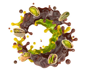 Dubai chocolate splash with fudgy pistachio cream, crunchy kataifi, on white background. Confectionery branding, snack packaging, sweet food advertising, dessert branding, promotion. 3D label design