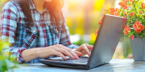 Woman working on a laptop outdoors, surrounded by flowers and sunlight, enjoying remote work in nature.