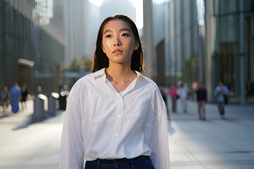 Young woman walking confidently in urban environment