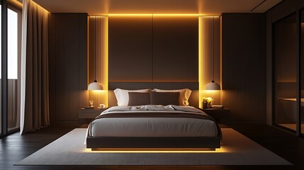 Low-light moody bedroom with matte surfaces, symmetrical lighting design, and warm undertones