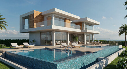 Fototapeta premium Panoramic view of a sleek modern summer villa with glass walls, rooftop terrace, and an infinity pool under clear skies. 