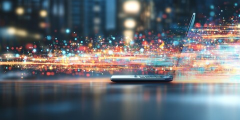 Abstract cityscape with colorful lights, representing financial markets and urban business activity at night.