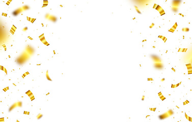 Gold confetti celebration party background. Falling shiny golden confetti isolated on transparent background. Birthday, Holiday, New Year, Carnival festivity, confetti,