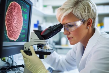 Scientist looking through microscope and using Laptop. Research female student scientist working in the Laboratory. Lab technician chemist analyzing sample through microscope. Conducting an experiment
