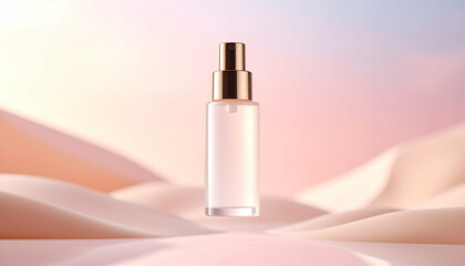 Clear glass spray bottle against a soft pastel backdrop