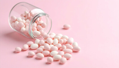 Pink candies spilled from glass jar on pastel background