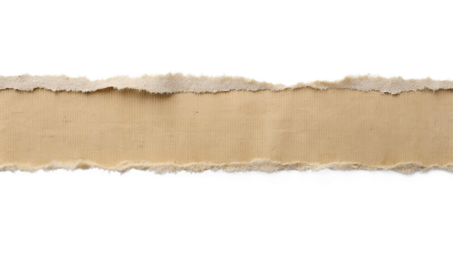 A long strip of light brown cardboard with a torn edge is isolated on transparent background