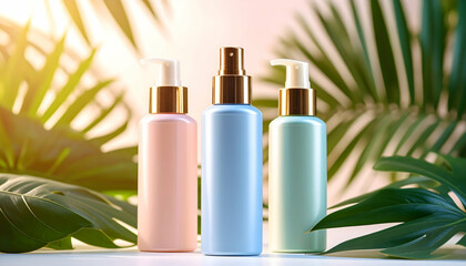 Three cosmetic bottles with tropical leaves in the background