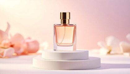 Fragrance bottle with gold cap and soft pink background