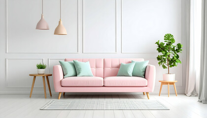 Modern pink sofa with cushions in bright living room setting