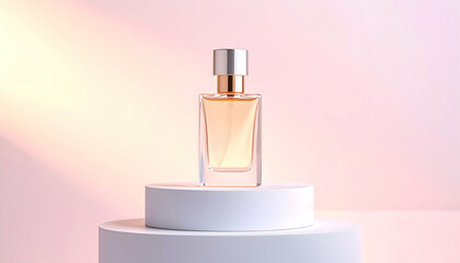 Perfume bottle on display with soft lighting and pastel background
