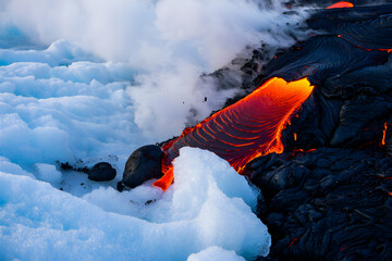 Molten Lava Flow Meets Icy Surface in Dramatic Scene