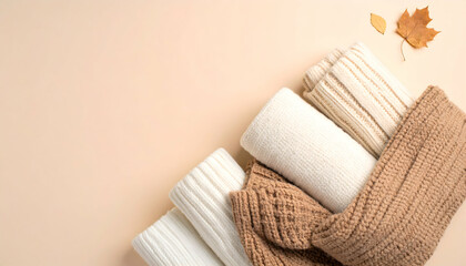Warm knitted blankets in neutral tones on a soft background