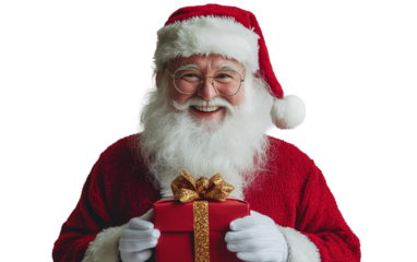 Whimsical Santa toy in classic red suit holding a colorful present for holiday joy isolated on transparent background PNG