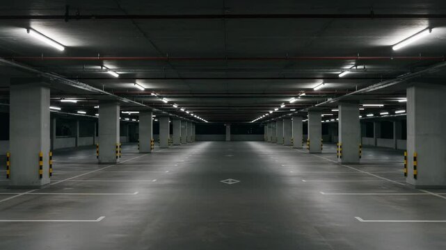 Empty underground parking lot with fluorescent lights and concrete walls  