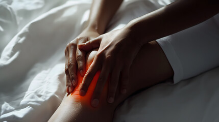 Black woman in white sports outfit holds injured swollen knee with both hands after a fall showing signs inflammation and pain under a warm orange lens flare.