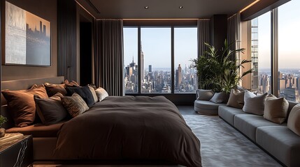 Minimalist brown bedroom featuring soft bedding, accent pillows, soft carpet, industrial-style marble wood flooring, large city-view window, and cozy grey seating