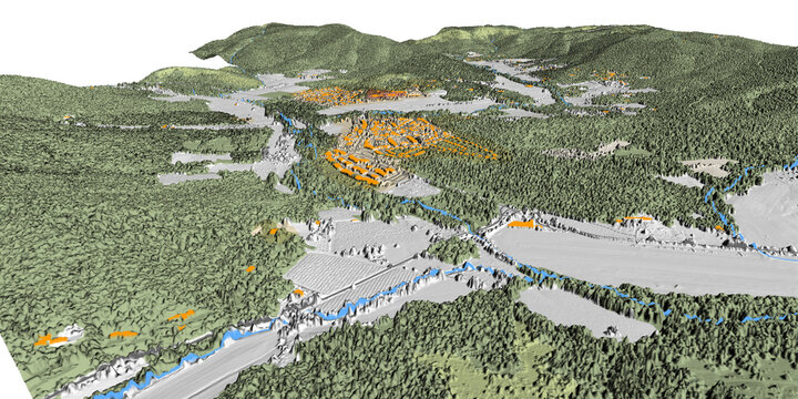 Concept de fond géographique - Données lidar HD - Vue aérienne de la topographie et occupation du sol d'un territoire - Rendu 3d modèle numérique de terrain et nuage de points Lidar HD