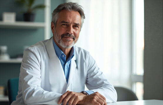 Senior male doctor portrait. Confident medical professional at office smiling. Elderly man in white coat looking at camera. Healthcare specialist, hospital director.