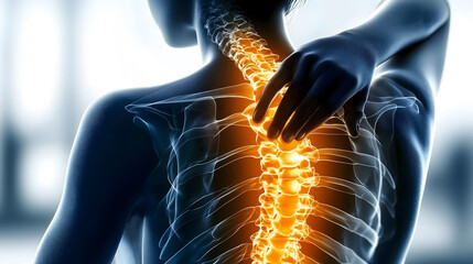 graphic illustration male body's anatomical structure back featuring an X-ray view skeleton. Orange lens flare highlights pain upper neck back area right hand placed discomfort occurs.
