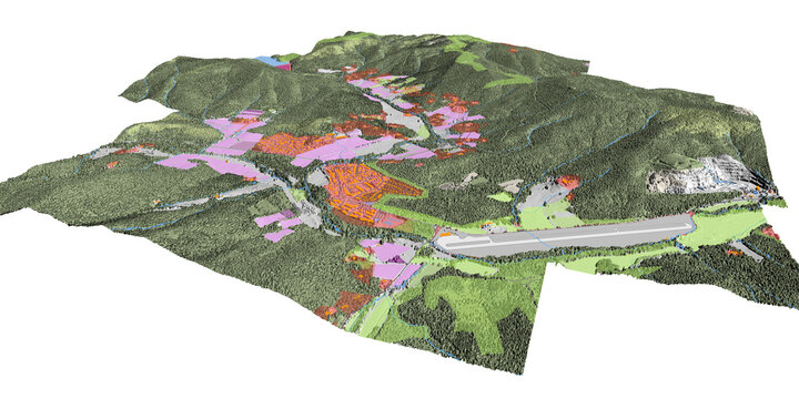 Concept de fond g&eacute;ographique - Donn&eacute;es lidar HD - Vue a&eacute;rienne de la topographie et occupation du sol d'un territoire - Rendu 3d mod&egrave;le num&eacute;rique de terrain et nuage de points Lidar HD
