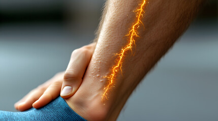 male athlete suffers injury left calf inflammation and peripheral nerve numbness highlighted orange lens flare while awaiting treatment doctor at hospital.
