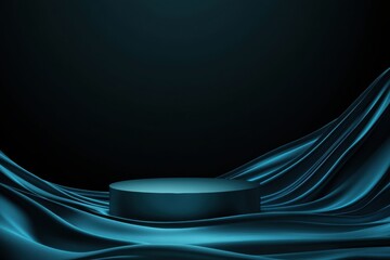 Dark blue silk satin fabric podium. Display scene. Product space. Drapery. Show mockup presentation. Abstract background. Circle shiny textile pattern. Cloth cover pedestal satin. Creases and shadows