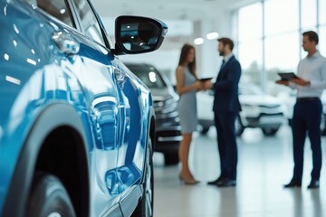Car dealer discussing contract with client customer in a showroom. Salesman showing selling cars to a couple at the dealership. Sales manager helping to choose a new car. Congratulations for buying