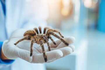 Veterinarian examining pet tarantula 