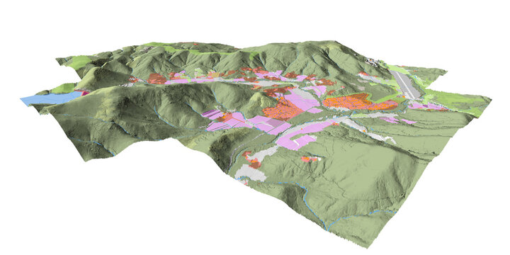 Concept de fond g&eacute;ographique - Donn&eacute;es lidar HD - Vue a&eacute;rienne de la topographie et occupation du sol d'un territoire - Rendu 3d mod&egrave;le num&eacute;rique de terrain et nuage de points Lidar HD