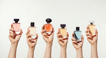 six hands holding a diverse collection of perfume bottles against a clean white background, showcasing various fragrances and beauty products in a minimalist studio setting