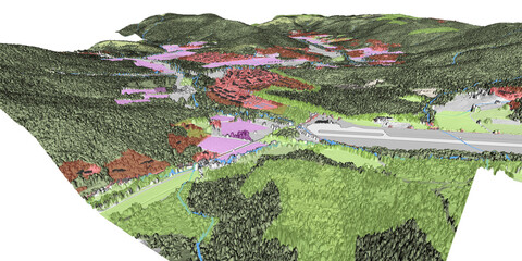 Concept de fond géographique - Données lidar HD - Vue aérienne de la topographie et occupation du sol d'un territoire - Rendu 3d modèle numérique de terrain et nuage de points Lidar HD