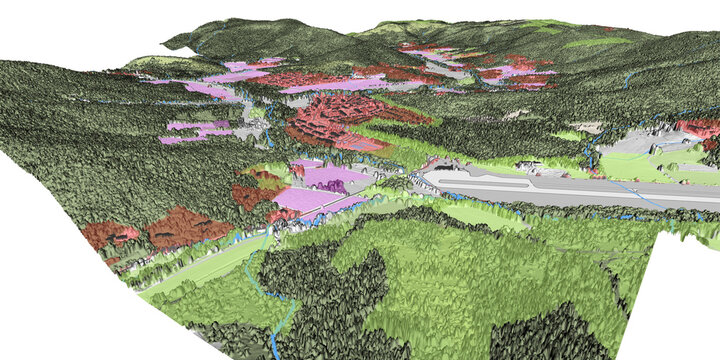 Concept de fond g&eacute;ographique - Donn&eacute;es lidar HD - Vue a&eacute;rienne de la topographie et occupation du sol d'un territoire - Rendu 3d mod&egrave;le num&eacute;rique de terrain et nuage de points Lidar HD