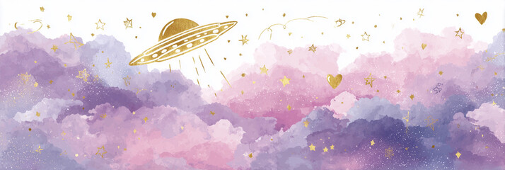 Golden UFO flying over dreamy pink purple clouds with stars hearts and galaxy sky theme watercolor space fantasy whimsical alien celestial universe pastel surreal print childlike cosmic illustration