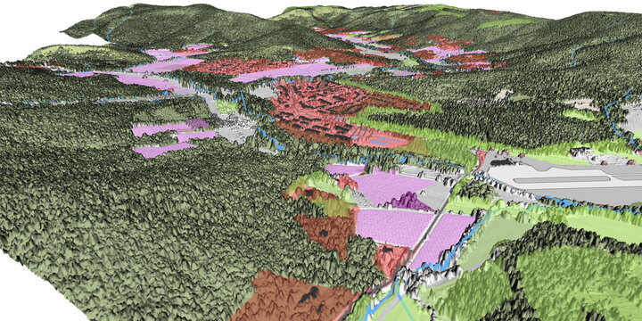 Concept de fond g&eacute;ographique - Donn&eacute;es lidar HD - Vue a&eacute;rienne de la topographie et occupation du sol d'un territoire - Rendu 3d mod&egrave;le num&eacute;rique de terrain et nuage de points Lidar HD