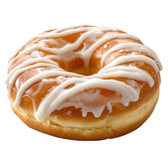 Delicious glazed ring donut with white icing drizzle isolated on transparent background