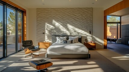 Modern bedroom with textured feature wall, shadow-play lighting from large windows, and low-profile furniture