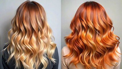 Fototapeta premium Two Tone Wavy Hair Transformation: Copper and Blonde Split Dye