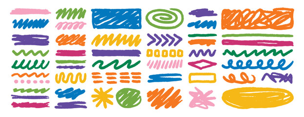 Hand drawn wax crayon doodle strokes colorful sketch art set