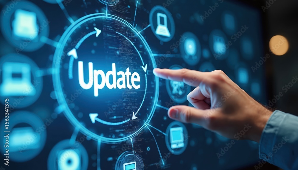 Poster Hand touches virtual screen button update. Technology upgrade concept. Digital information, software, network, installation process. Internet tech, modern innovation. System improvement, new version