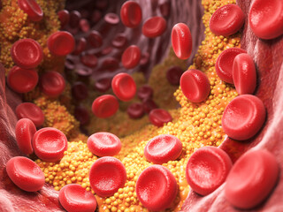 3d illustration of narrowed blood vessel due to atherosclerosis, Symptoms of high cholesterol in the blood