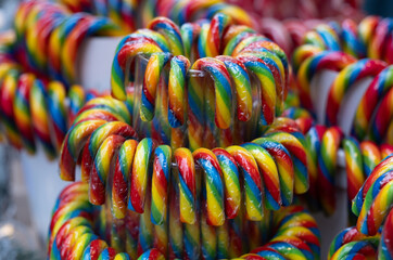 Colorful candy canes for sale at the traditional Christmas market