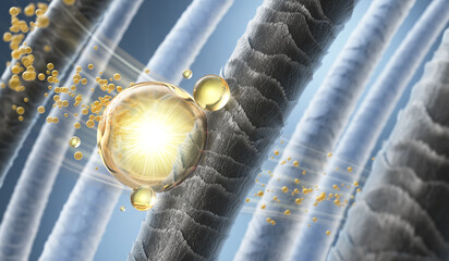 Nourish hair of shampoo or serum. Repair damaged hair concept, 3d rendering.