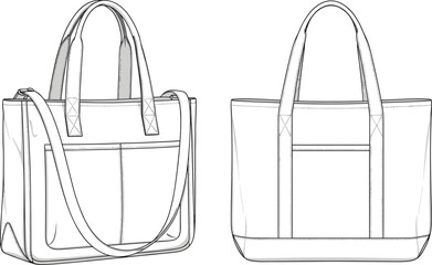 Tote bag technical flat sketch with shoulder strap, front pocket, vector template for fashion accessories, handbag mockup, sewing pattern illustration
